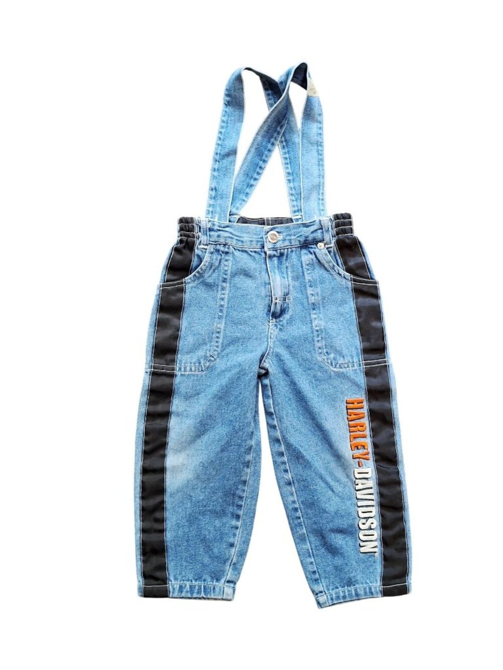 Harley-Davidson Toddler Overalls 3T Blue Denim With Logo Stripes & Adjustable Su